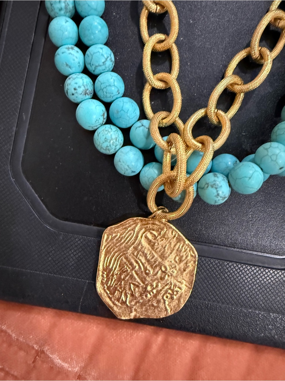 Susan Shaw Turquoise Bead and Gold Medallion Necklace - Picture 4 of 6